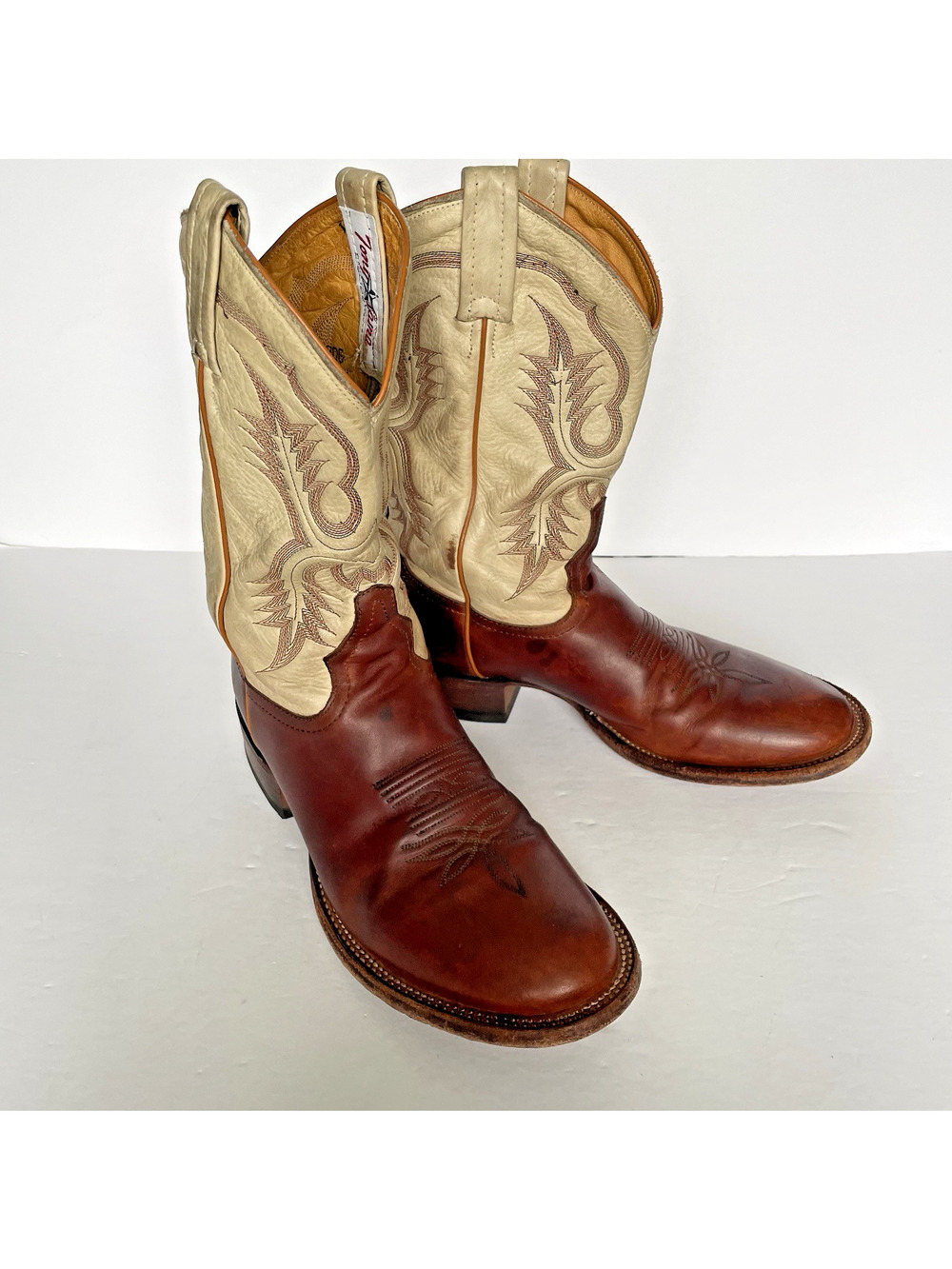 Vintage Tony Lama Roper Cowboy Boots Men’s 8.5 D Brown & Cream Leather USA Made